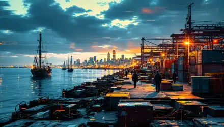 4K Ultra HD desktop wallpaper showing a vibrant port at dusk with cargo containers, dock workers, ships, and a city skyline under a dramatic sky.