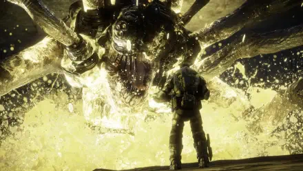 A dramatic 4K Ultra HD PC wallpaper from Gears of War: Reloaded, featuring a lone soldier facing a giant, glowing insect-like creature in an intense battle scene.