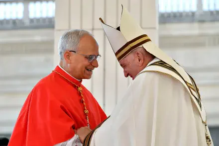 Pope Francis in white papal robes shares a joyful moment with Cardinal Robert Prevost in red, captured as an HD PC desktop wallpaper and background.