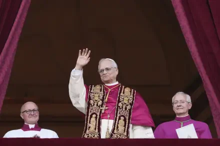 HD PC desktop wallpaper featuring Pope Robert Prevost waving from a balcony, flanked by two clerics in ceremonial attire.