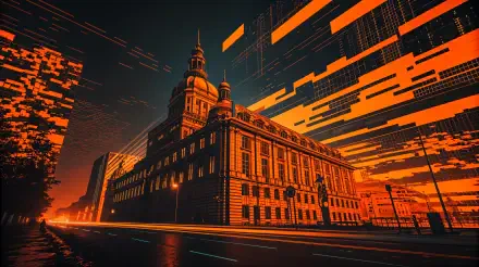 A 4K Ultra HD digital glitch artwork featuring a historic building with orange and black pixelated distortions on a PC desktop wallpaper.
