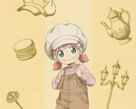 Anya Forger from Spy x Family is depicted in a 4K Ultra HD anime wallpaper, featuring soft pastel tones with floating objects like macarons and antique street lamps.