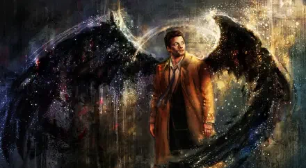HD desktop wallpaper of Castiel from Supernatural, depicted as a dark angel with glowing black wings against a cosmic, mystic background.