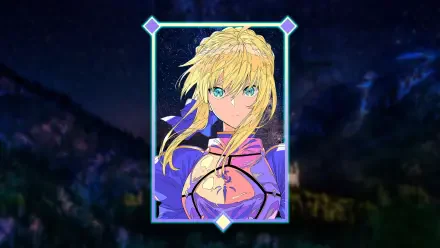HD anime wallpaper featuring Saber from Fate/Stay Night, showcasing her iconic blonde hair and blue eyes in vibrant detail against a dark backdrop.