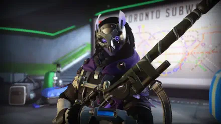 4K Ultra HD PC wallpaper featuring Ana from Overwatch, depicted in detailed armor holding a sniper rifle with a subway map in the background.