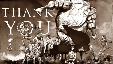 Sepia-toned 4K Ultra HD PC desktop wallpaper from the video game Clair Obscur: Expedition 33, featuring characters and a grand piano under a giant hand with Thank You text.