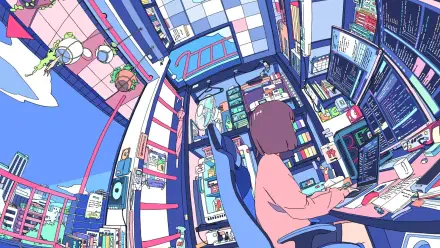 Anime-style lofi bedroom scene featuring a person programming at a cluttered desk filled with multiple monitors and tech gear, rendered as an HD PC desktop wallpaper.