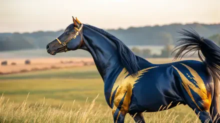4K Ultra HD wallpaper of a majestic mare with a glossy black coat and golden markings standing in a grassy field under a soft, muted sky.