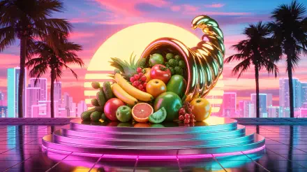 A vibrant 4K Ultra HD PC desktop wallpaper featuring a cornucopia overflowing with colorful fruits, set against a neon sunset and palm trees with a futuristic cityscape backdrop.