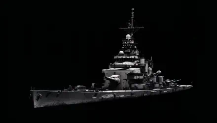 Detailed 4K Ultra HD desktop wallpaper of a battleship against a black background, showcasing the ship's intricate structure and powerful armament.