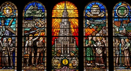 A 4K Ultra HD PC desktop wallpaper featuring a stained glass window themed around capitalism, depicting industrial and financial symbols with vibrant colors and intricate detail.