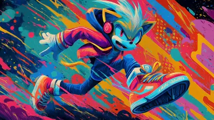 Vibrant, artistic Sonic the Hedgehog in dynamic pose with colorful streaks, designed as an HD PC desktop wallpaper celebrating video game and gaming art.