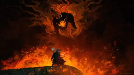4K Ultra HD wallpaper depicting Gandalf facing the fiery Balrog from The Lord of the Rings, engulfed in intense flames and dark smoke.
