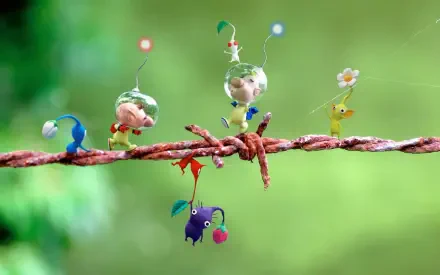 HD PC desktop wallpaper featuring colorful Pikmin characters from the video game, perched and interacting on a thin branch against a blurred green background.