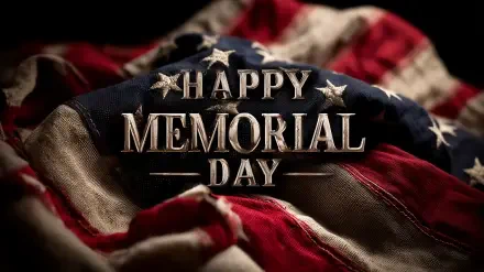 HD desktop wallpaper featuring a close-up of a folded American flag with Happy Memorial Day text in bold, honoring the holiday.