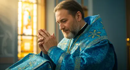 A priest in ornate blue robes praying inside a church, captured in stunning 4K Ultra HD for a PC desktop wallpaper.