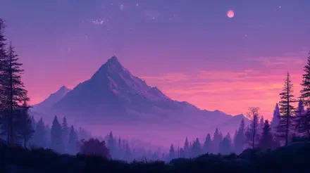 4K Ultra HD desktop wallpaper of a mountain at dawn, with a vivid purple and pink sky and silhouetted trees in the foreground.