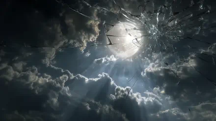 HD PC wallpaper showing a bright moon and clouds through a broken screen, creating a striking contrast between the shattered glass and the night sky.
