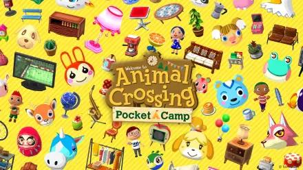 Animal Crossing: Pocket Camp 4K Ultra HD PC wallpaper showing the game logo surrounded by cheerful animal villagers, furniture and campsite items on a bright yellow background.