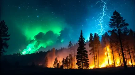 4K Ultra HD desktop wallpaper showing a dramatic wildfire blazing through a forest under a northern lights sky with lightning striking in the background.