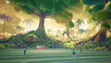 HD PC desktop wallpaper from the video game REMATCH, showcasing a vibrant, lush forest with massive trees and small figures on a field under soft, golden sunlight.
