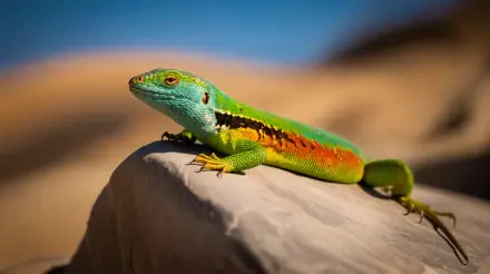 A vibrant green and orange lizard rests on a sunlit rock with a blurred natural background, captured in stunning detail as a 4K Ultra HD PC desktop wallpaper.