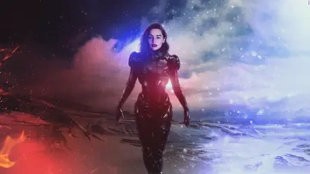 4K Ultra HD PC wallpaper featuring Emilia Clarke in a Mass Effect-inspired futuristic armor amidst a cosmic, starry background.