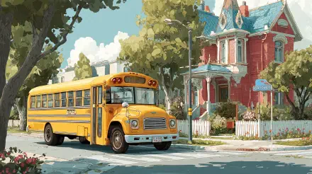 A vibrant 4K Ultra HD desktop wallpaper featuring a classic yellow school bus parked near a charming Victorian-style house on a sunny day.