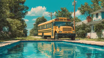 A bright yellow school bus parked near a suburban street with a clear blue sky, captured in vibrant 4K Ultra HD clarity for a PC desktop wallpaper.