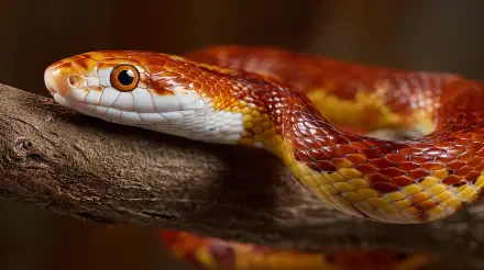 Close-up of a vibrant corn snake wrapped around a branch, captured in stunning 4K Ultra HD detail for a striking PC desktop wallpaper.