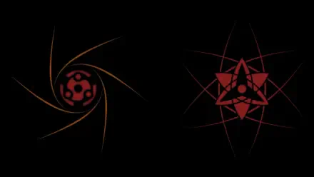 HD anime desktop wallpaper featuring Madara Uchiha's Mangekyō Sharingan and Sharingan symbols from Naruto against a black background.