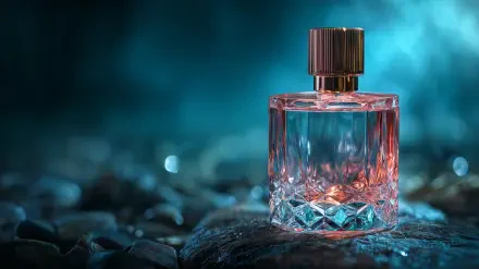 HD desktop wallpaper featuring a crystal-cut perfume bottle with a gold cap, set against a softly blurred blue background in elegant photography style.