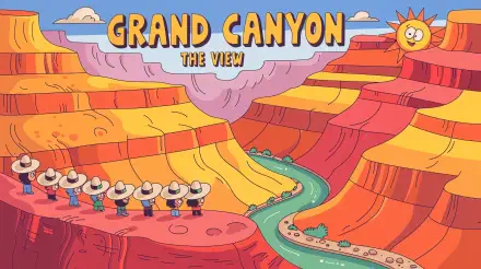 Colorful cartoon illustration of the Grand Canyon with a river flowing through it, featuring tourists and a smiling sun, designed as a 4K Ultra HD PC desktop wallpaper.