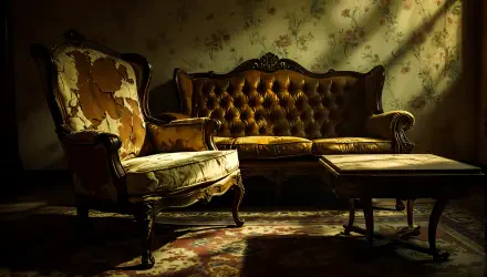 A 4K Ultra HD desktop wallpaper featuring antique furniture: a worn armchair and tufted sofa in a dimly lit, vintage room with a patterned rug and dark wooden table.