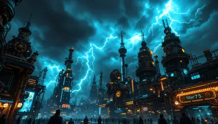 4K Ultra HD PC desktop wallpaper showcasing a dramatic lightning storm illuminating a futuristic cityscape at night with towering industrial structures.