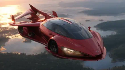 Red futuristic flying car glides above misty landscapes at sunset, showcased as a high-definition PC desktop wallpaper and background.