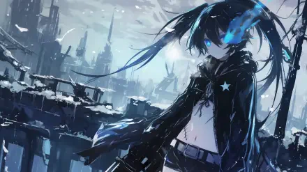 HD anime desktop wallpaper featuring Black Rock Shooter with glowing blue eye flames, set against a dystopian cityscape background.