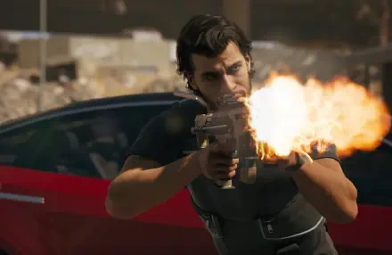 HD PC desktop wallpaper from the video game MindsEye, showing a character firing a gun with a red car in the background.
