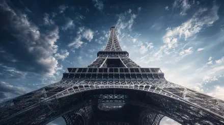 A stunning 4K Ultra HD desktop wallpaper capturing the Eiffel Tower from below against a dramatic sky backdrop.