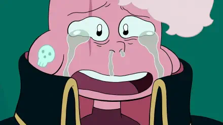 HD PC desktop wallpaper from the TV show Lars of the Stars, featuring a close-up of a pink character with teary eyes and a distressed expression.