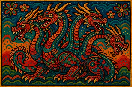 Vibrant 4K Ultra HD PC desktop wallpaper of a multi-headed dragon featuring intricate patterns and bold colors in a stylized, ornamental design.
