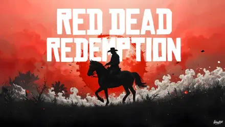 Silhouette of a cowboy on horseback against a red sky with bold Red Dead Redemption logo - 8K Ultra HD PC desktop wallpaper/background featuring Red Dead Redemption and Red Dead Redemption 2.