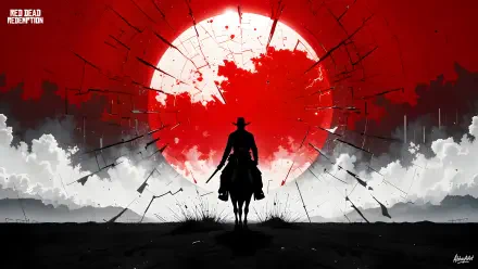 Silhouetted cowboy and horse before a shattered blood-red sun and stormy clouds — Red Dead Redemption, Red Dead Redemption 2 8K Ultra HD PC desktop wallpaper background.