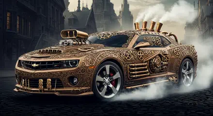 A steampunk-styled Chevrolet Camaro with intricate gears and pipes, captured in a 4K Ultra HD PC desktop wallpaper and background.