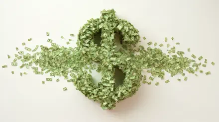 A 4K Ultra HD desktop wallpaper featuring a large dollar sign formed entirely from scattered money bills on a light background.