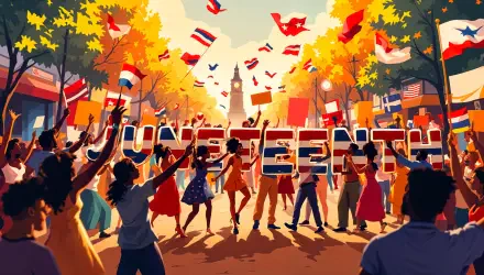 A vibrant 4K Ultra HD desktop wallpaper celebrating Juneteenth with diverse people holding large letters spelling JUNETEENTH amidst colorful flags and autumn trees.