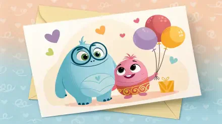 A colorful card illustration featuring two cute cartoon monsters, one blue and one pink holding balloons, set against a soft pastel background, rendered in 4K Ultra HD for PC desktops.