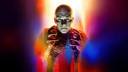 Superman (2025) 5K Ultra HD PC desktop wallpaper: eerie, skeletal Kryptonian figure reaching forward, illuminated by vertical neon streaks of red, blue and gold.