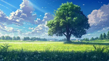 HD anime summer landscape featuring a vibrant tree under a bright blue sky with fluffy clouds, captured in a serene nature setting for a PC desktop wallpaper.