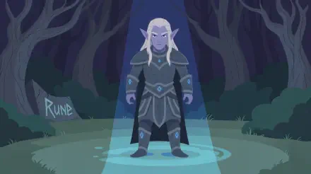 4K Ultra HD PC wallpaper featuring a dark elf with silver hair and intricate armor standing in a mystical forest clearing under glowing runes.